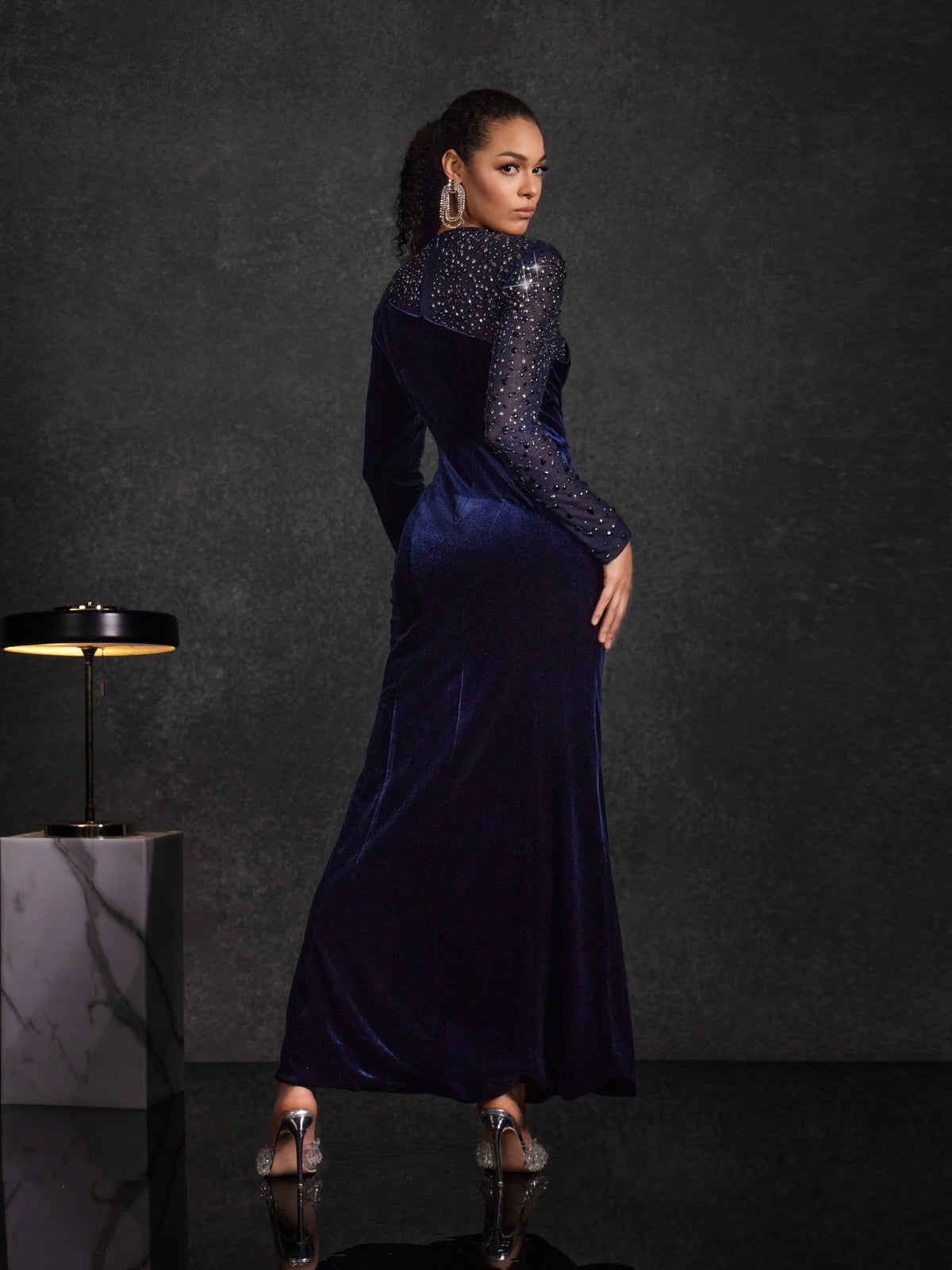 Hyalina Velvet Mesh Diamond Maxi Dress
