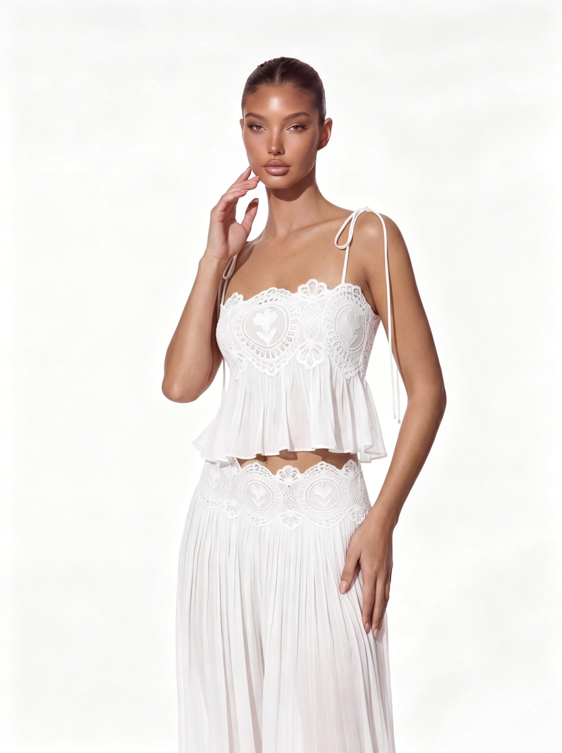 Hyquorin Spaghetti Pleated Pants Set In White