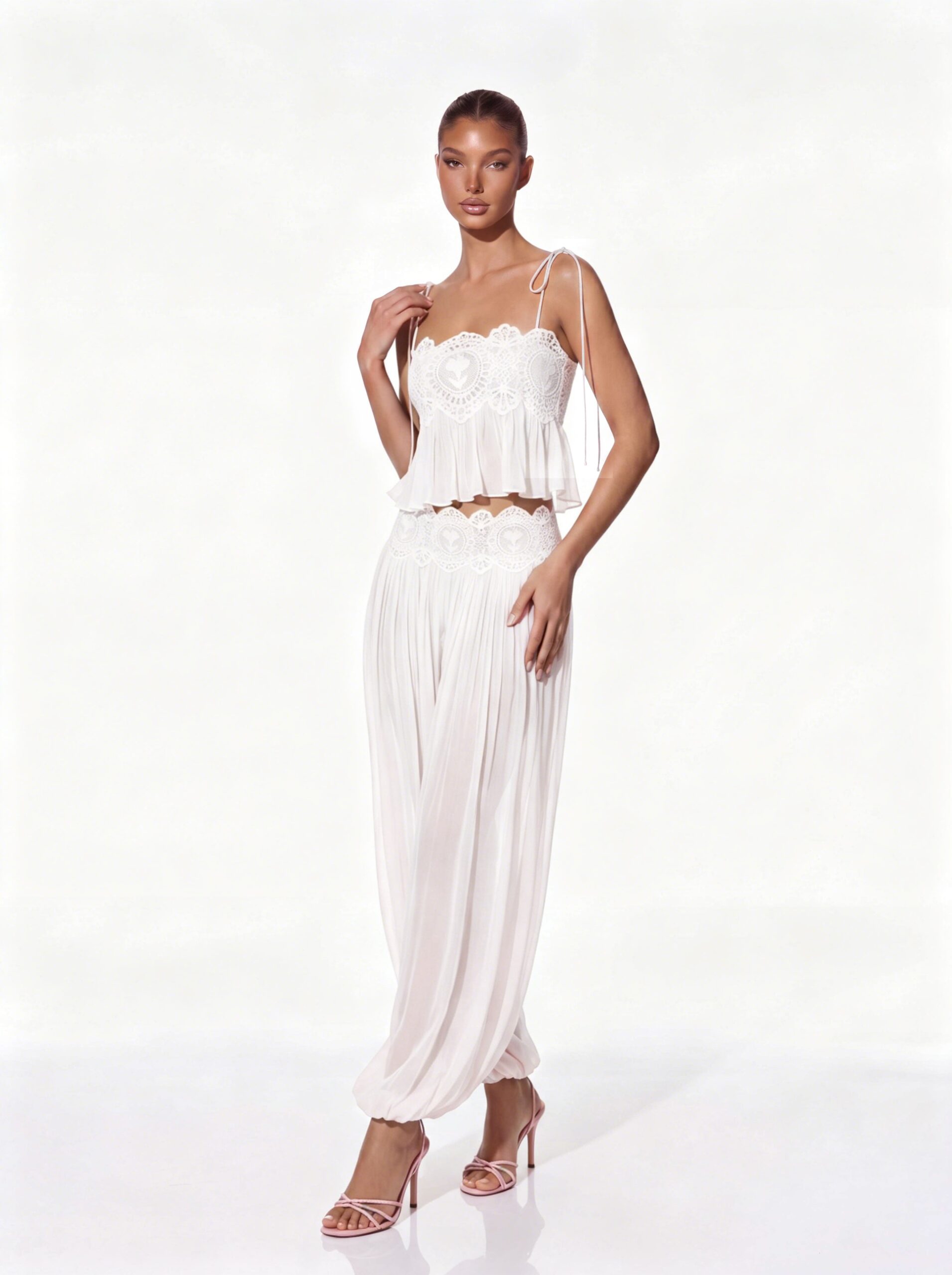 Hyquorin Spaghetti Pleated Pants Set In White
