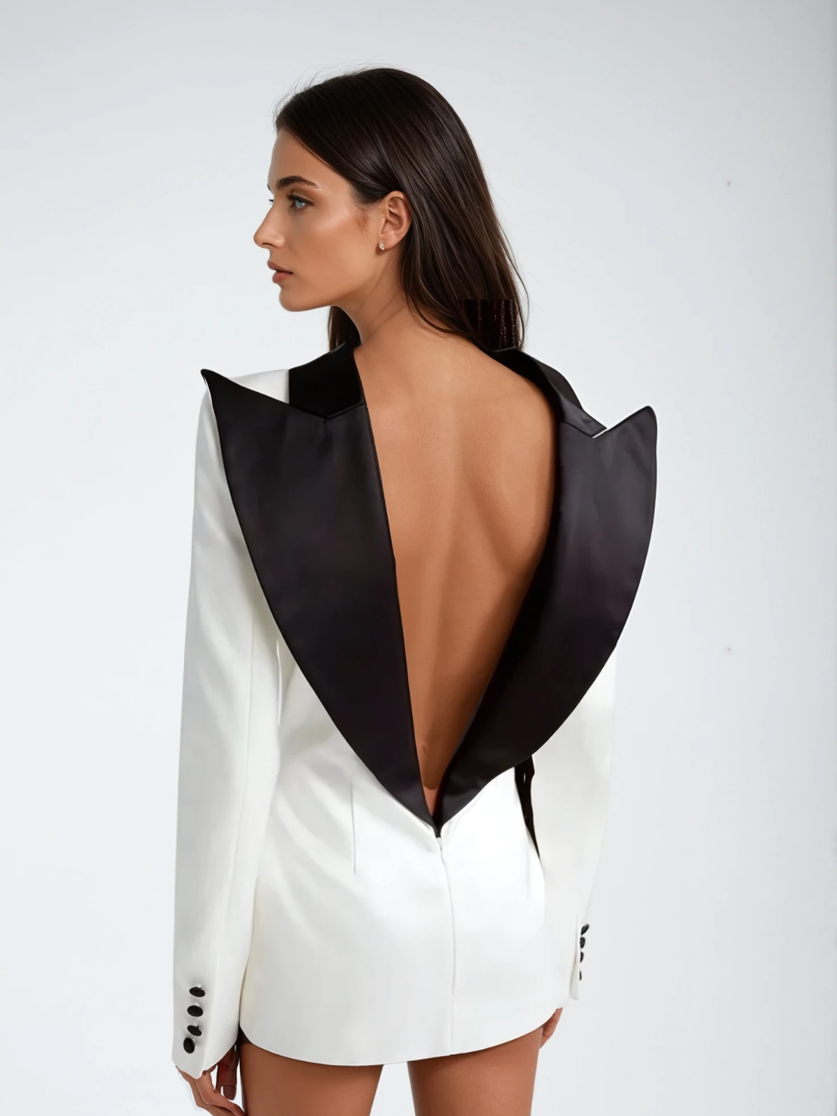 Hyrithia Folded Collar Backless Mini Dress In Black & White