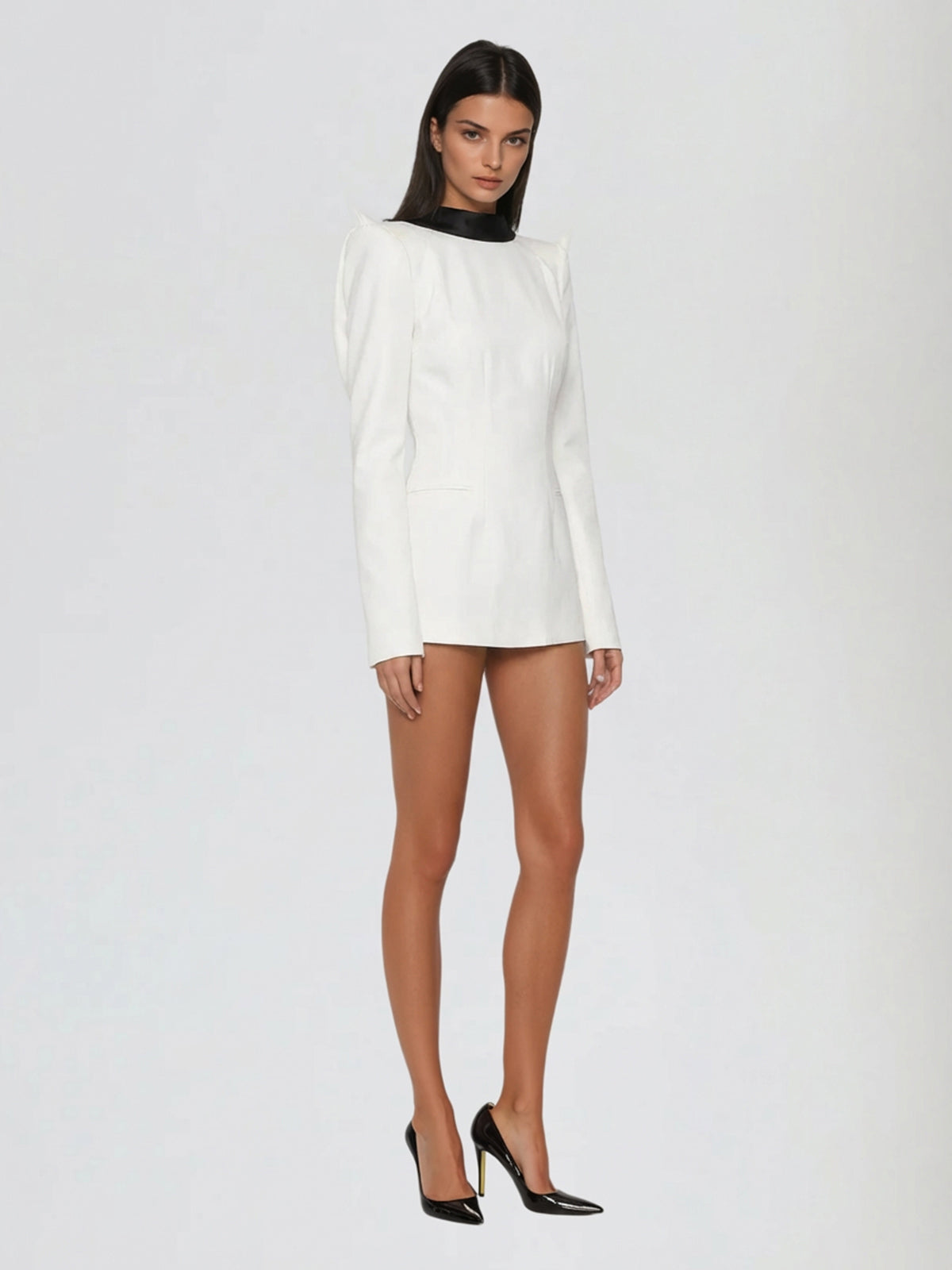 Hyrithia Folded Collar Backless Mini Dress In Black & White