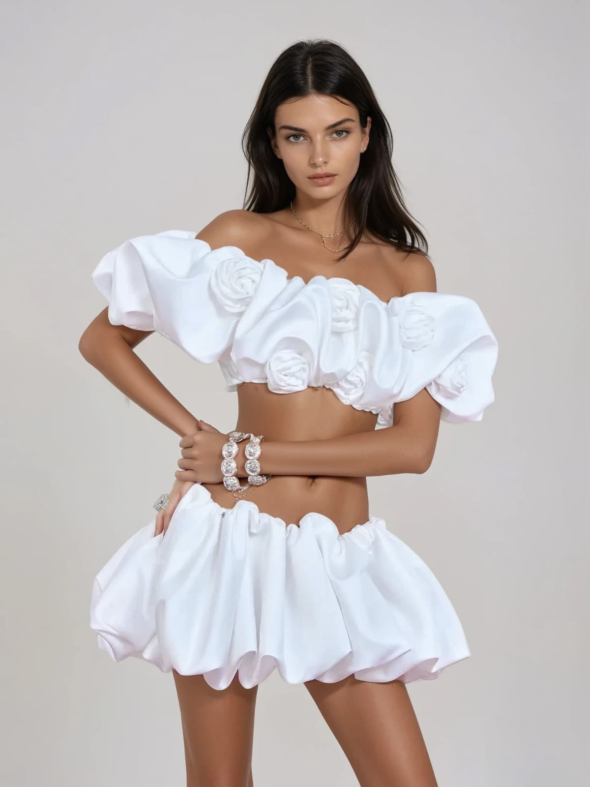 Ielyxyn Flower Bubble Crop Skirt Set