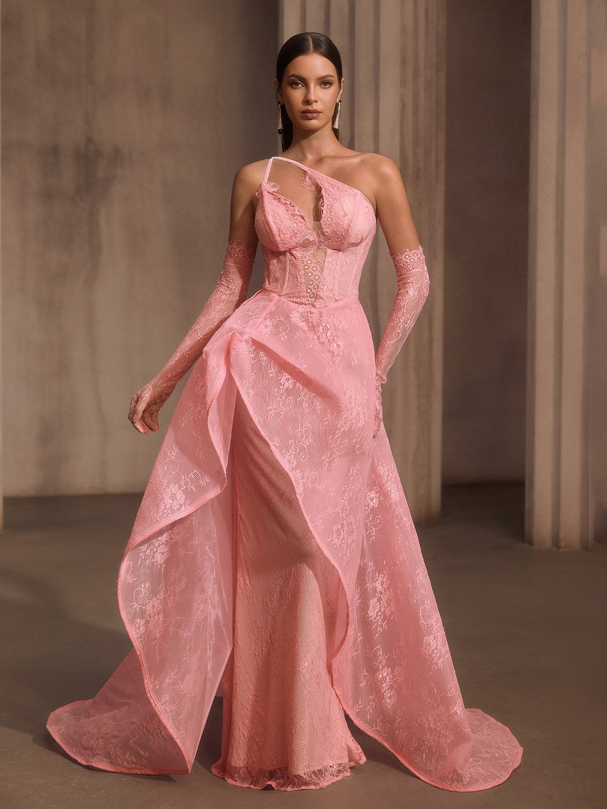 Ioryxel Lace Corset Flared Maxi Dress With Gloves