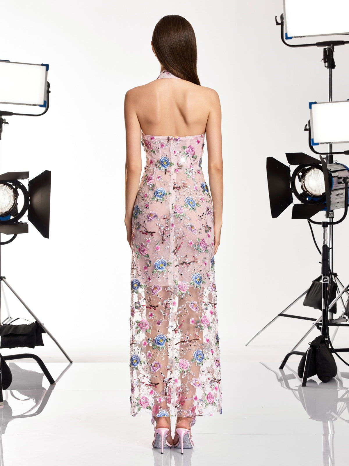 Iravora Halterneck Flower Mesh Maxi Dress