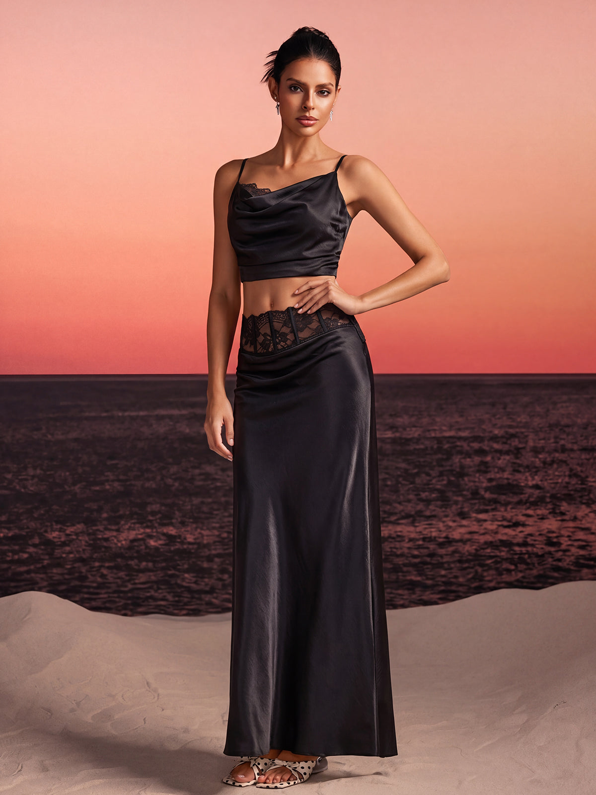Iseron Spaghetti Lace Skirt Set In Black