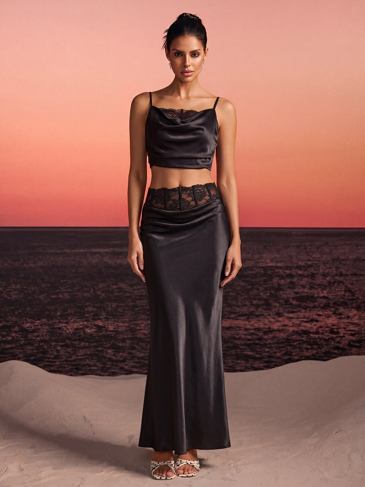 Iseron Spaghetti Lace Skirt Set In Black