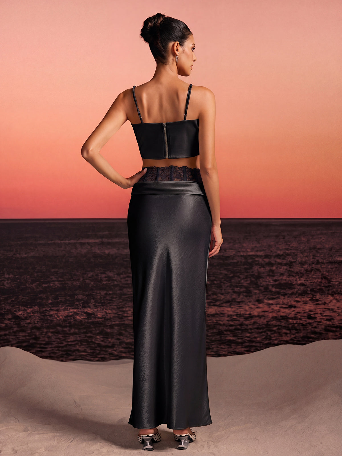 Iseron Spaghetti Lace Skirt Set In Black