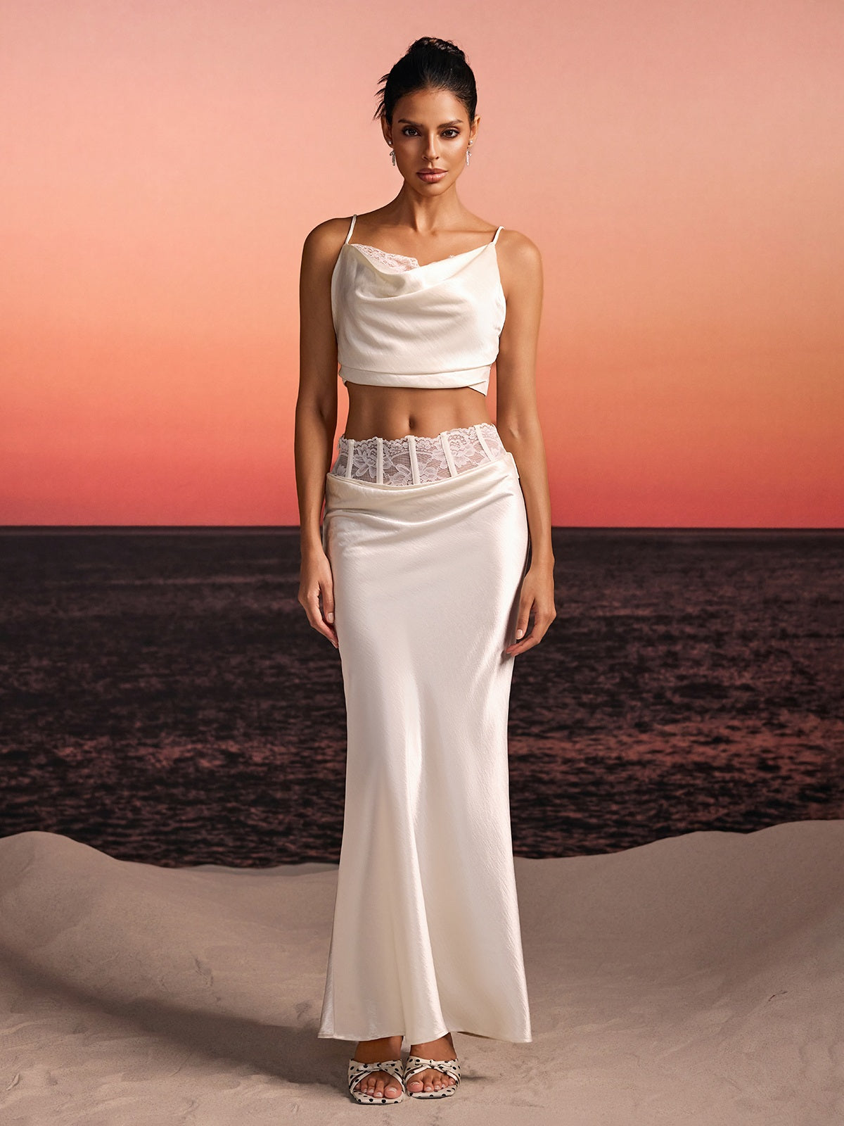 Iseron Spaghetti Lace Skirt Set In White