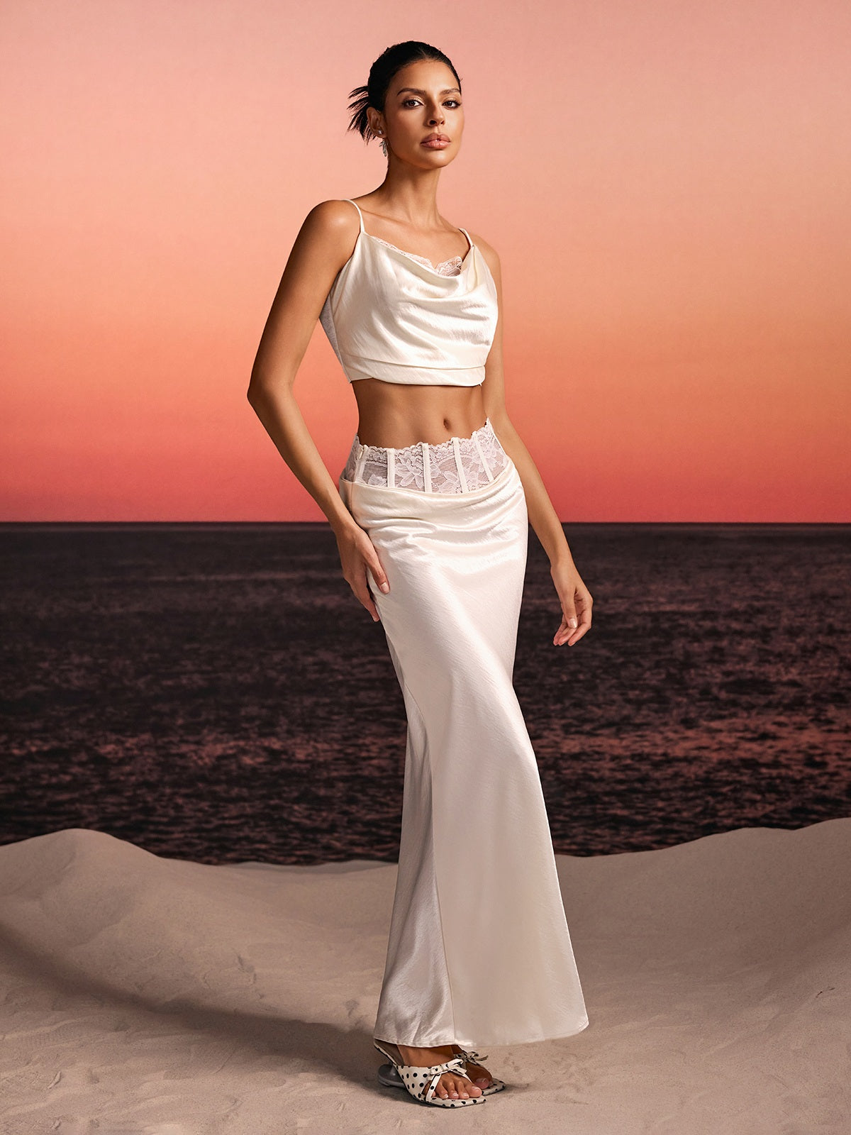 Iseron Spaghetti Lace Skirt Set In White