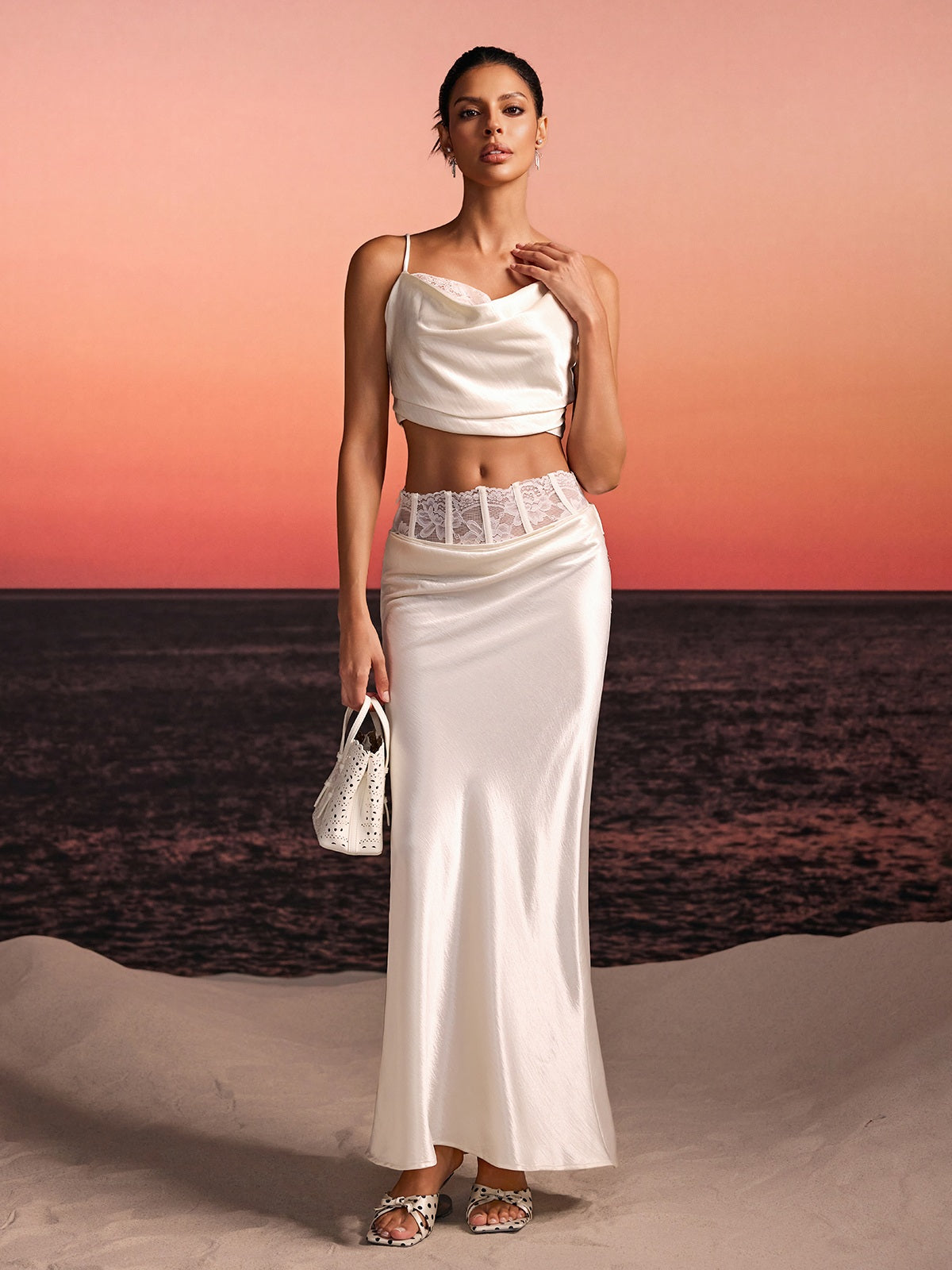 Iseron Spaghetti Lace Skirt Set In White