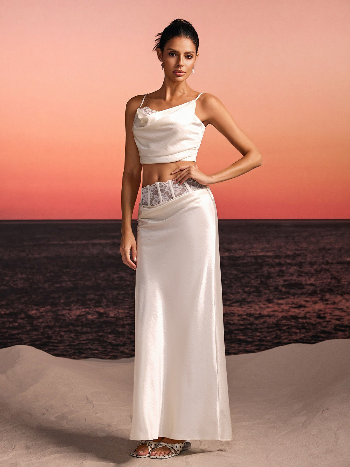 Iseron Spaghetti Lace Skirt Set In White