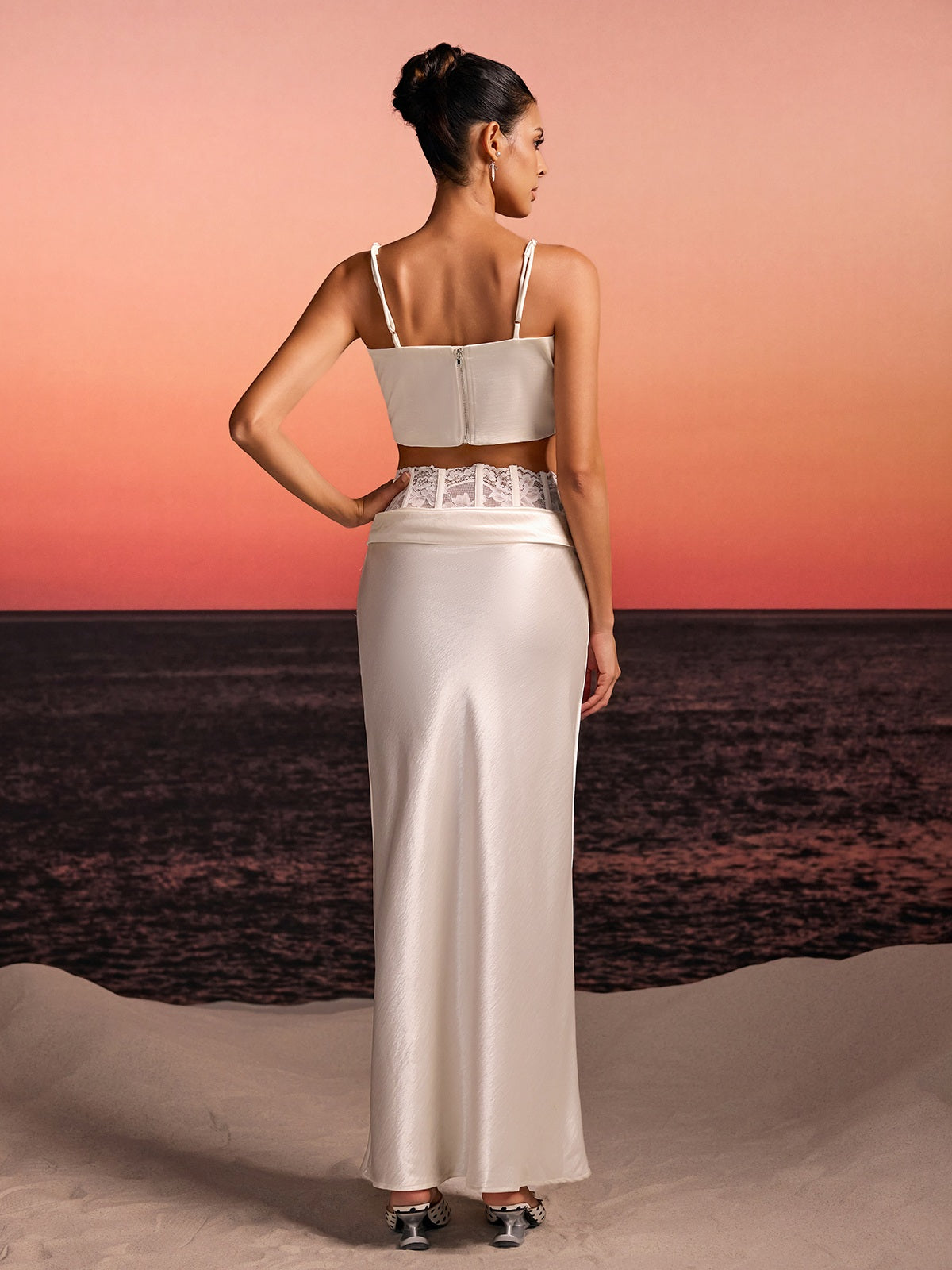 Iseron Spaghetti Lace Skirt Set In White