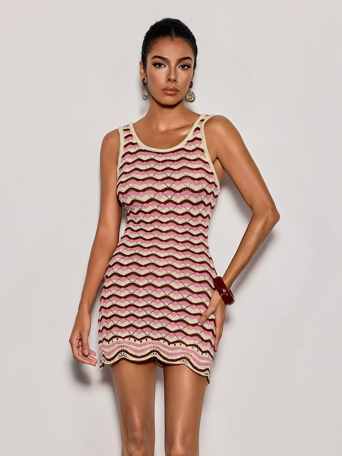 Istren U Neck Knit Stripe Mini Dress