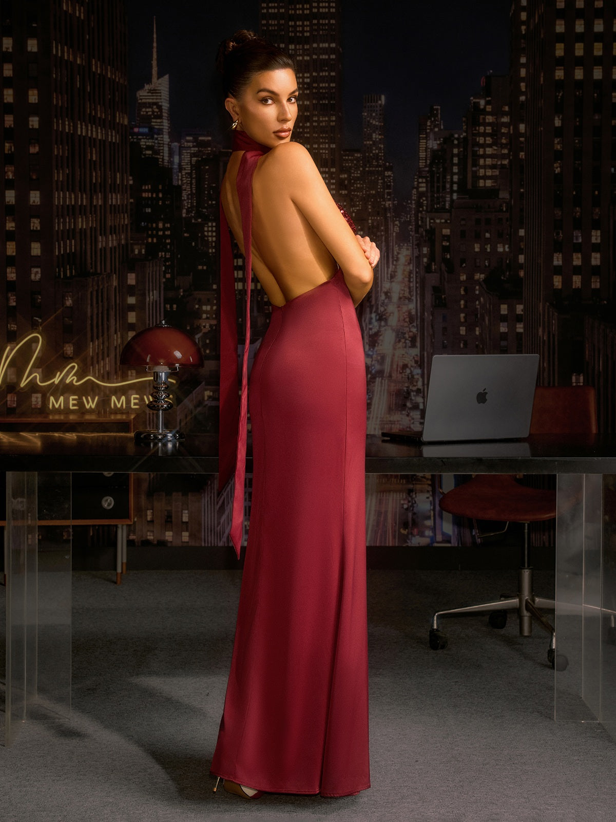 Iverynx Plunge Neck Satin Sequin Maxi Dress