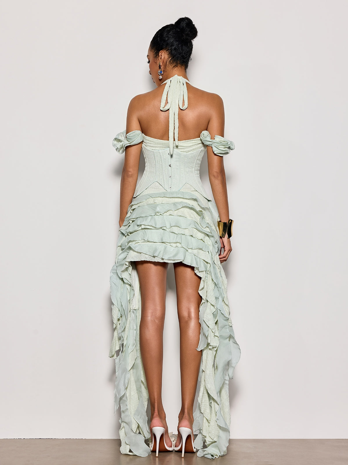 Ivria Halterneck Ruffled Draped Dress In Green