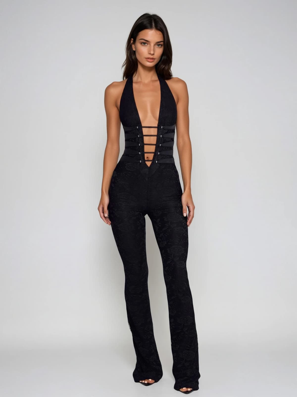 Ixelyn Plunge Neck Lace Jumpsuit