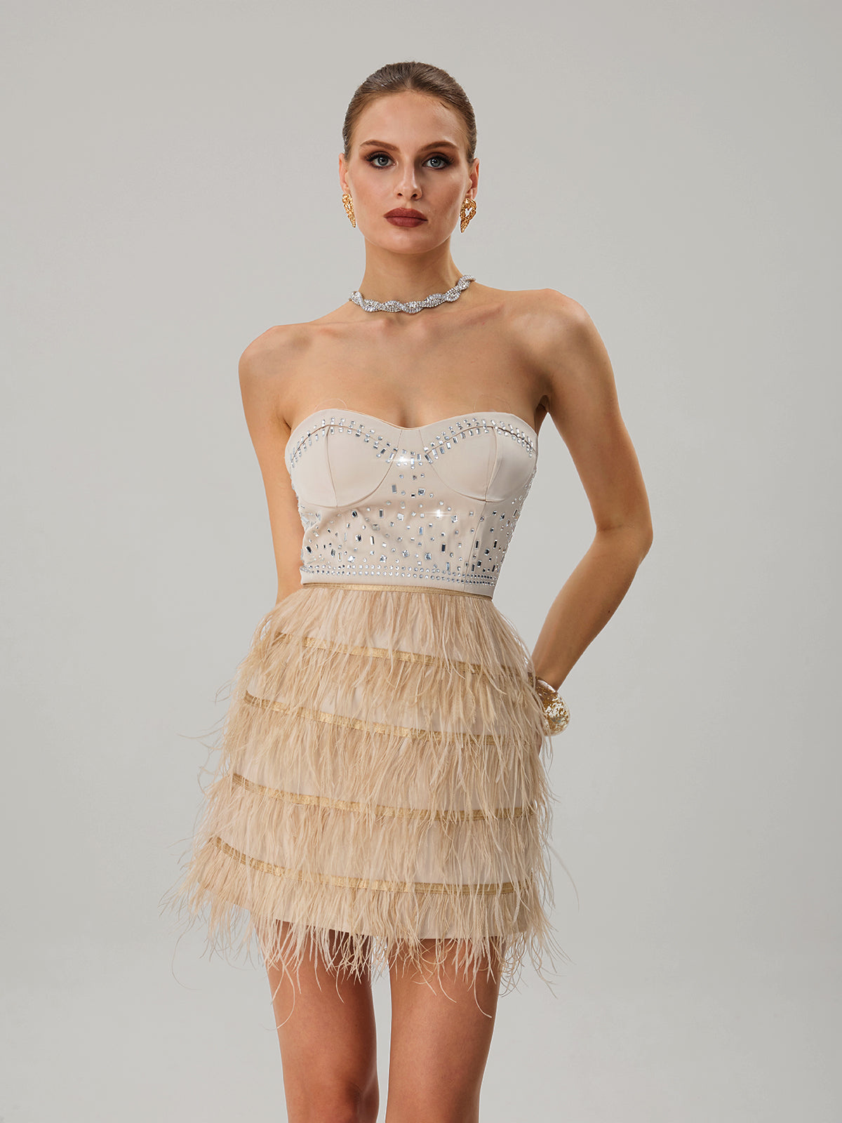 Jagtopa Strapless Fringe Rhinestone Mini Dress