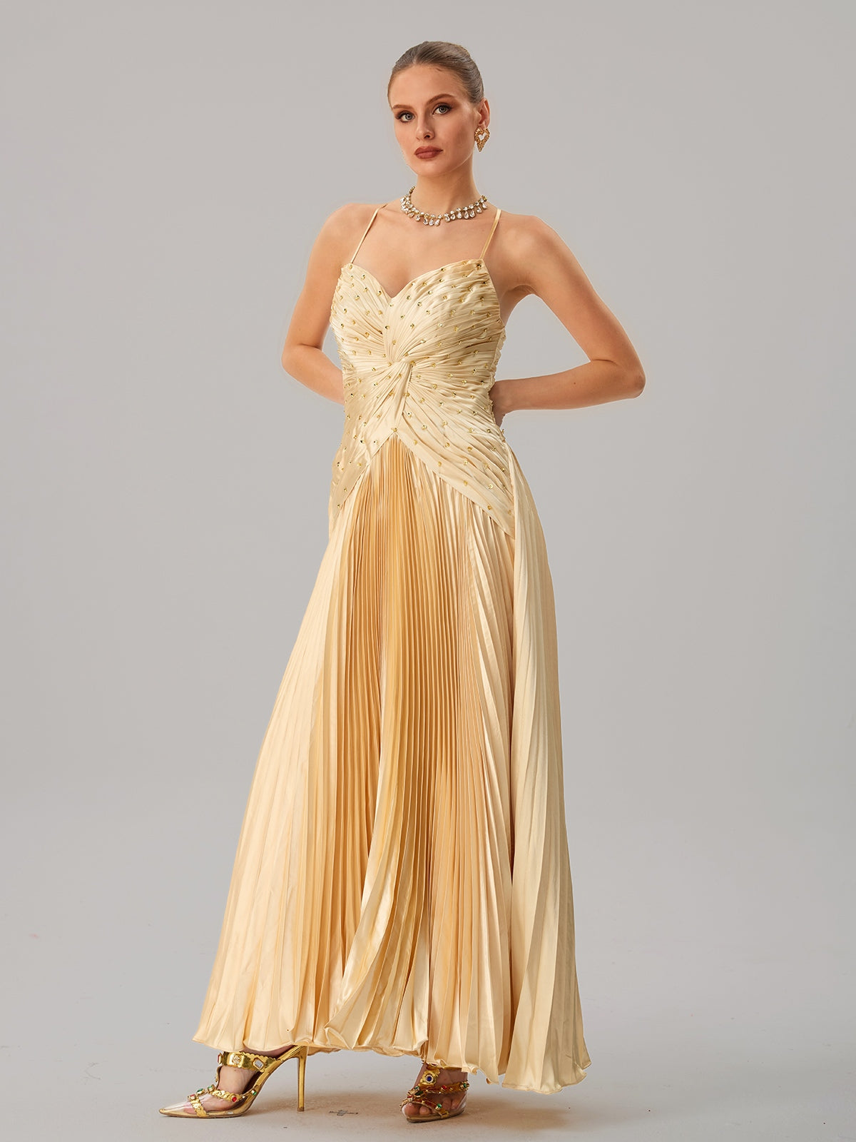 Jagtopo Spaghetti Twisted Pleated Maxi Dress