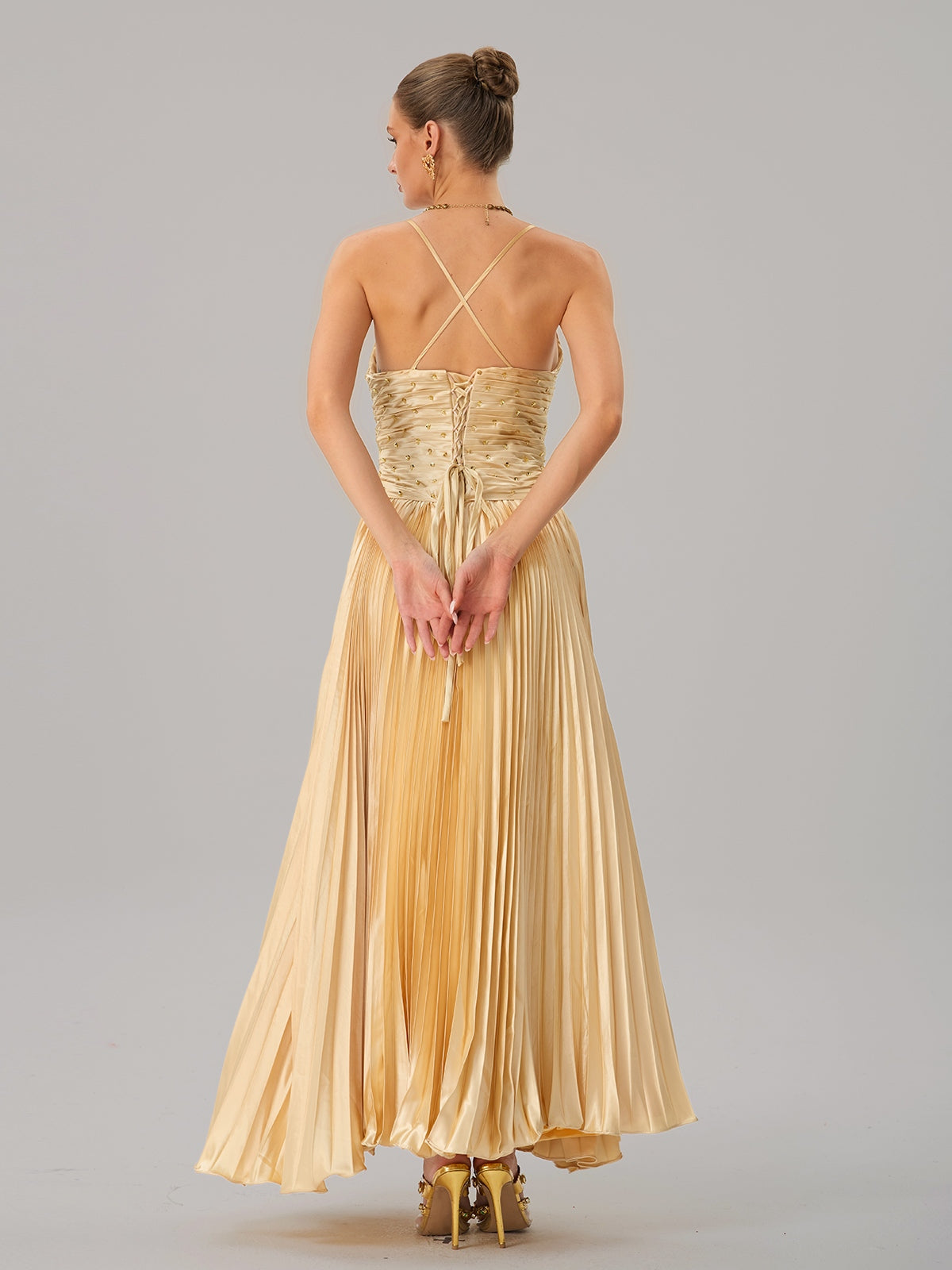 Jagtopo Spaghetti Twisted Pleated Maxi Dress