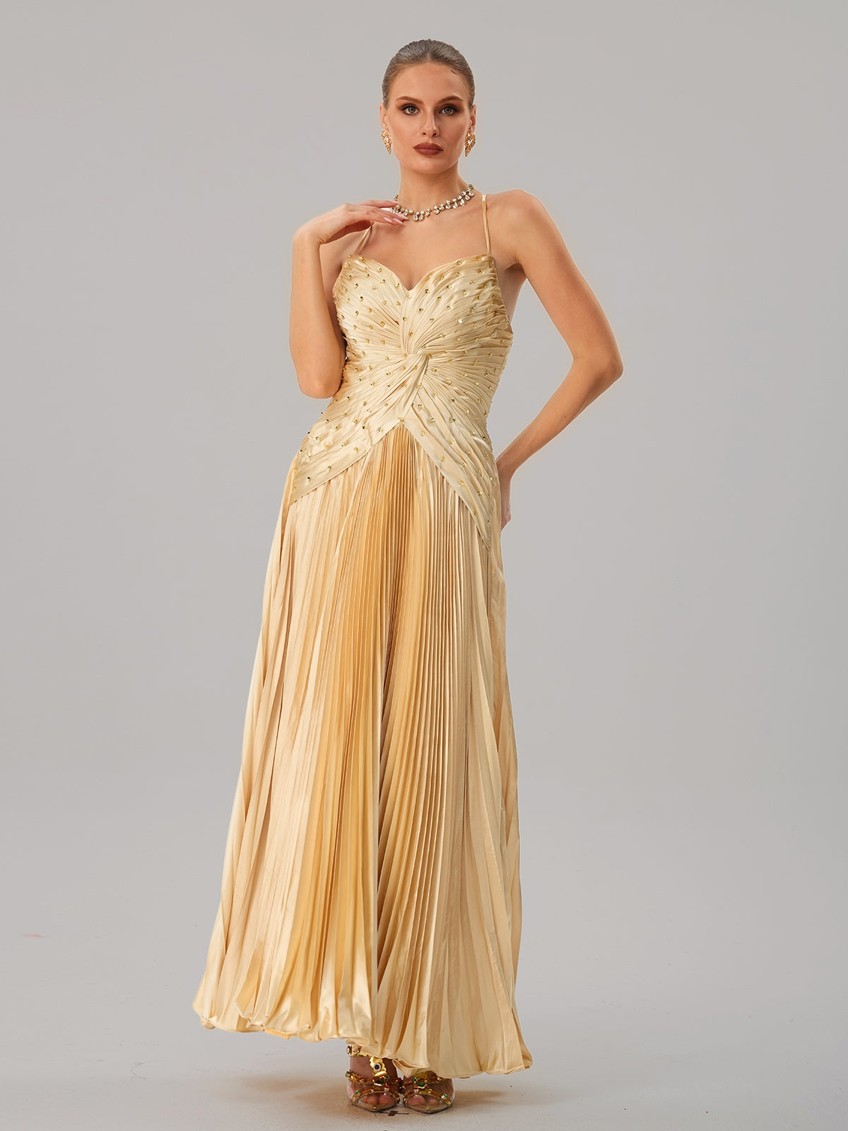 Jagtopo Spaghetti Twisted Pleated Maxi Dress