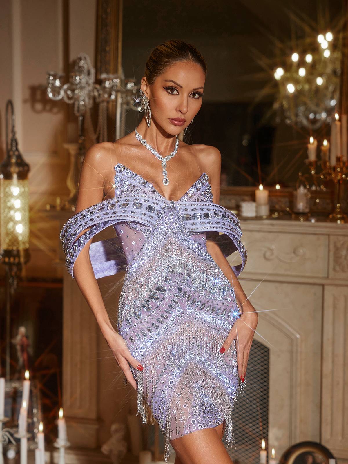Jaimarie Off Shoulder Rhinestone Fringe Mini Dress In Purple