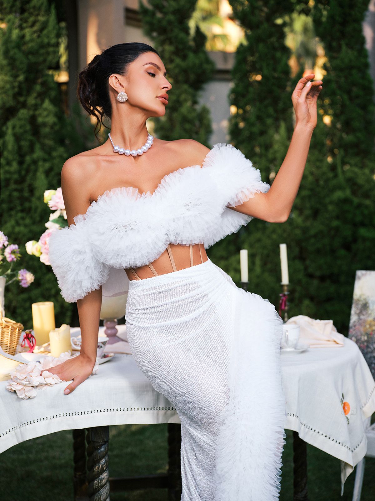 Jalynne Corset Tulle Trimmed Sequin Skirt Set In White