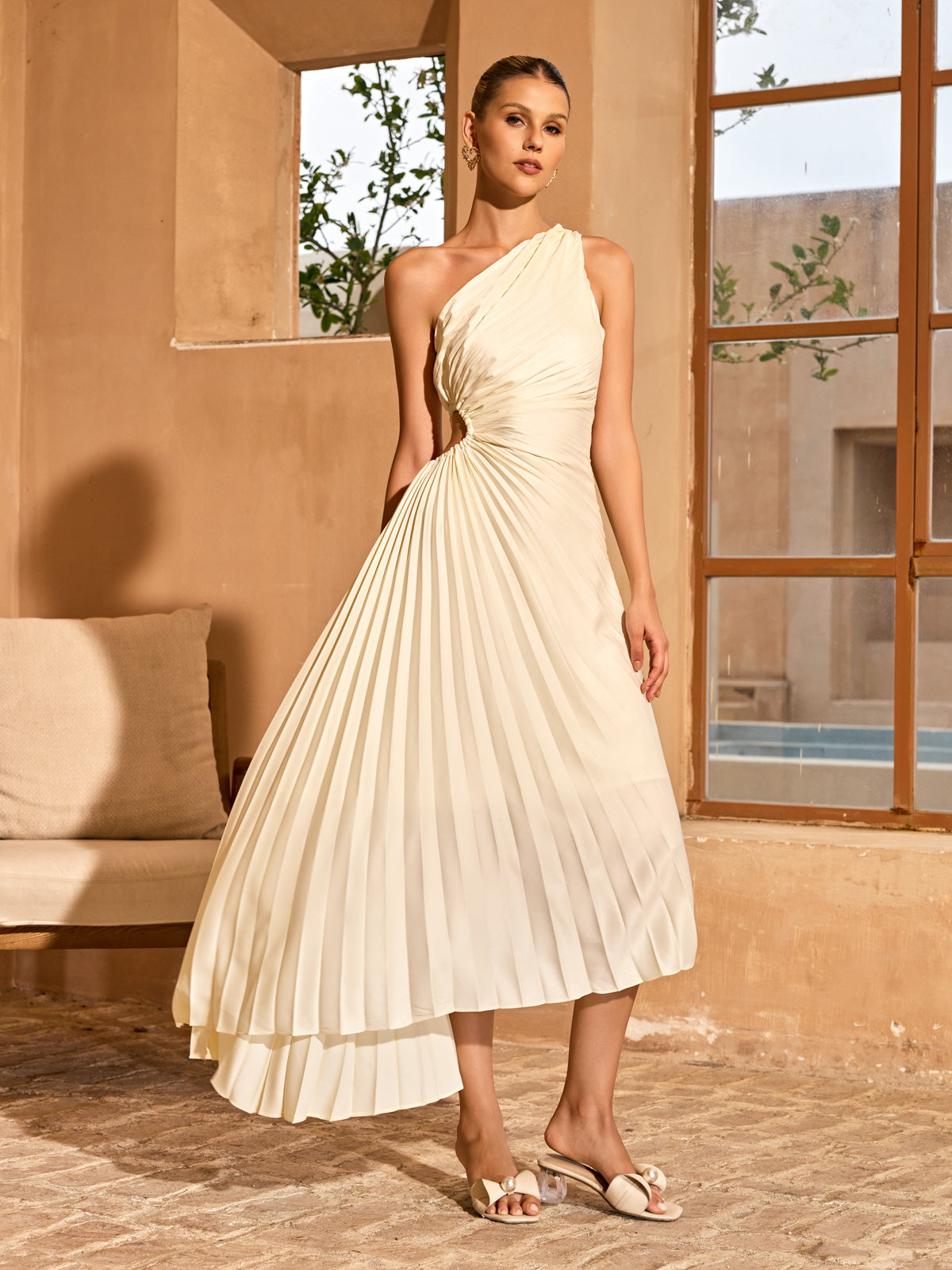 Jasen One Shoulder Pleated Midi Dress In White