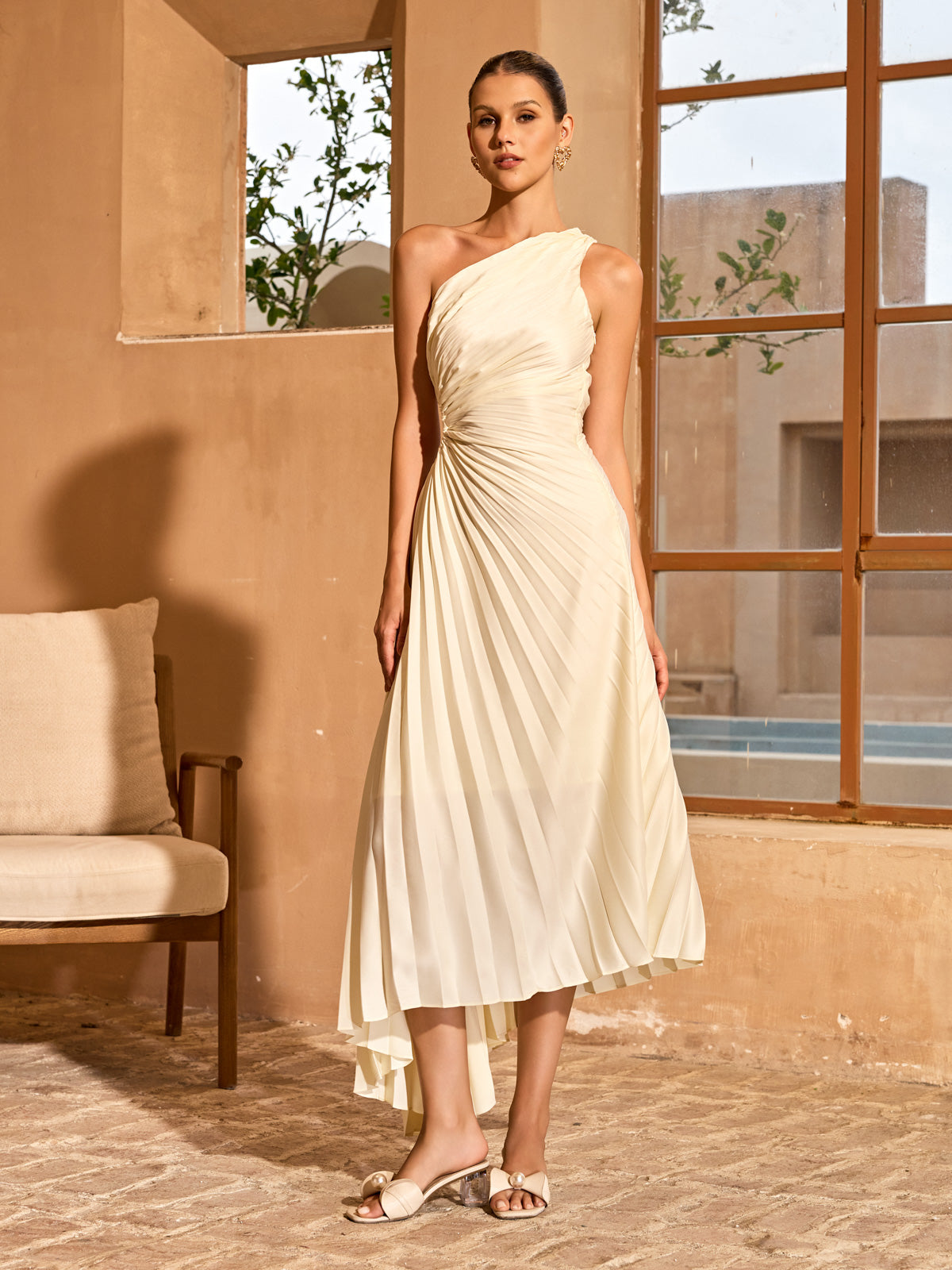 Jasen One Shoulder Pleated Midi Dress In White
