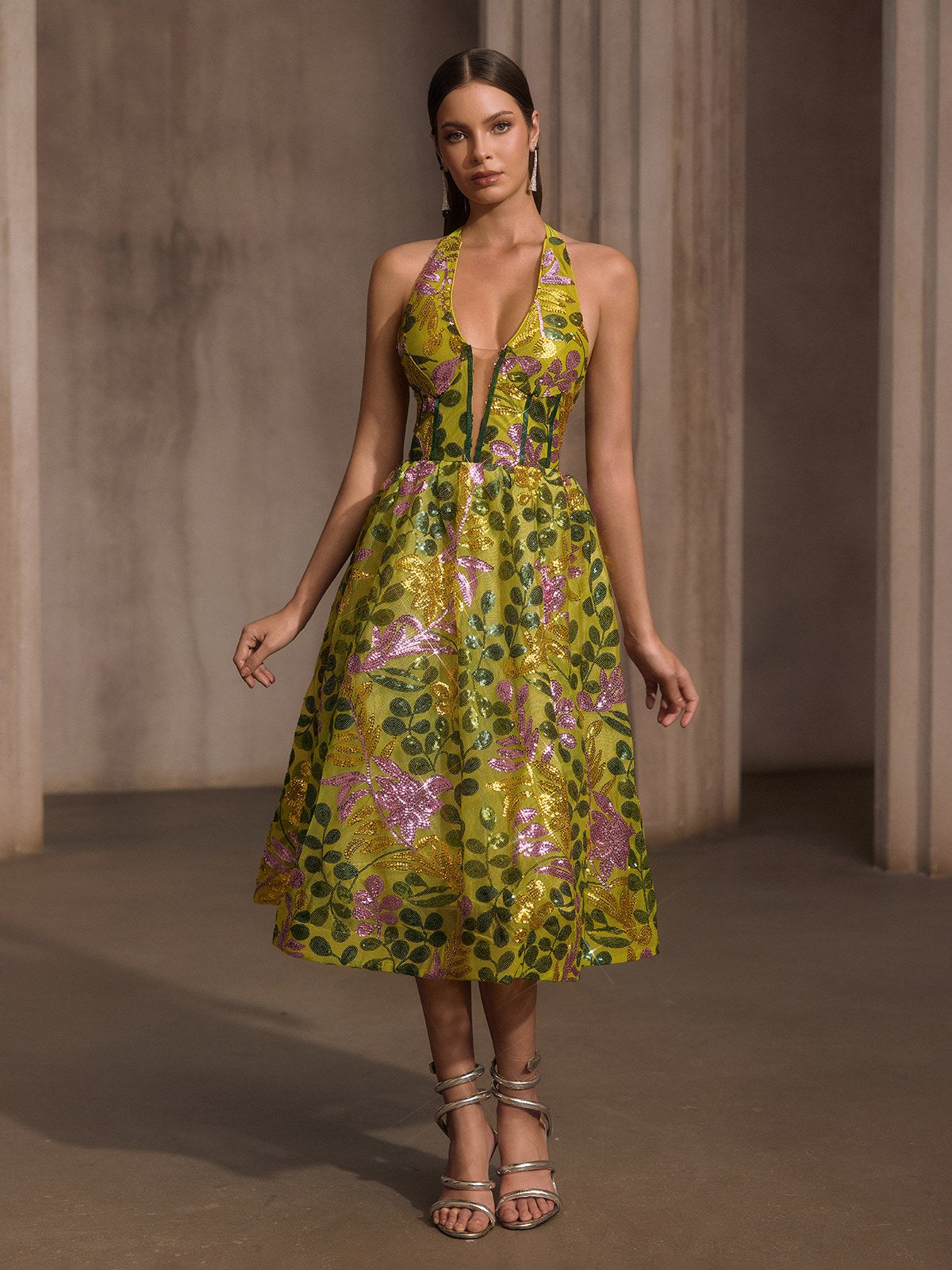 Javixor Plunge Neck Floral Sequin Midi Dress