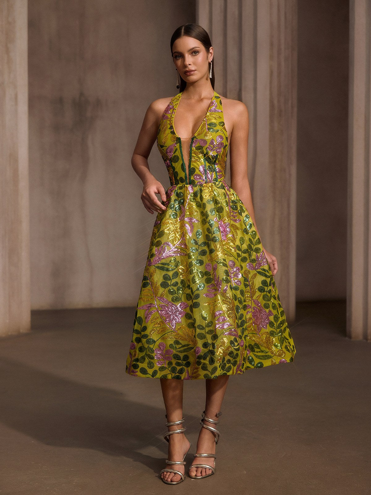 Javixor Plunge Neck Floral Sequin Midi Dress