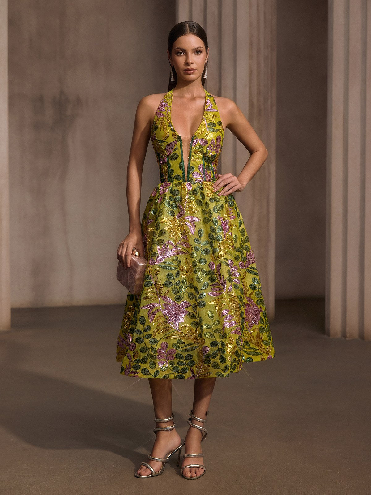 Javixor Plunge Neck Floral Sequin Midi Dress