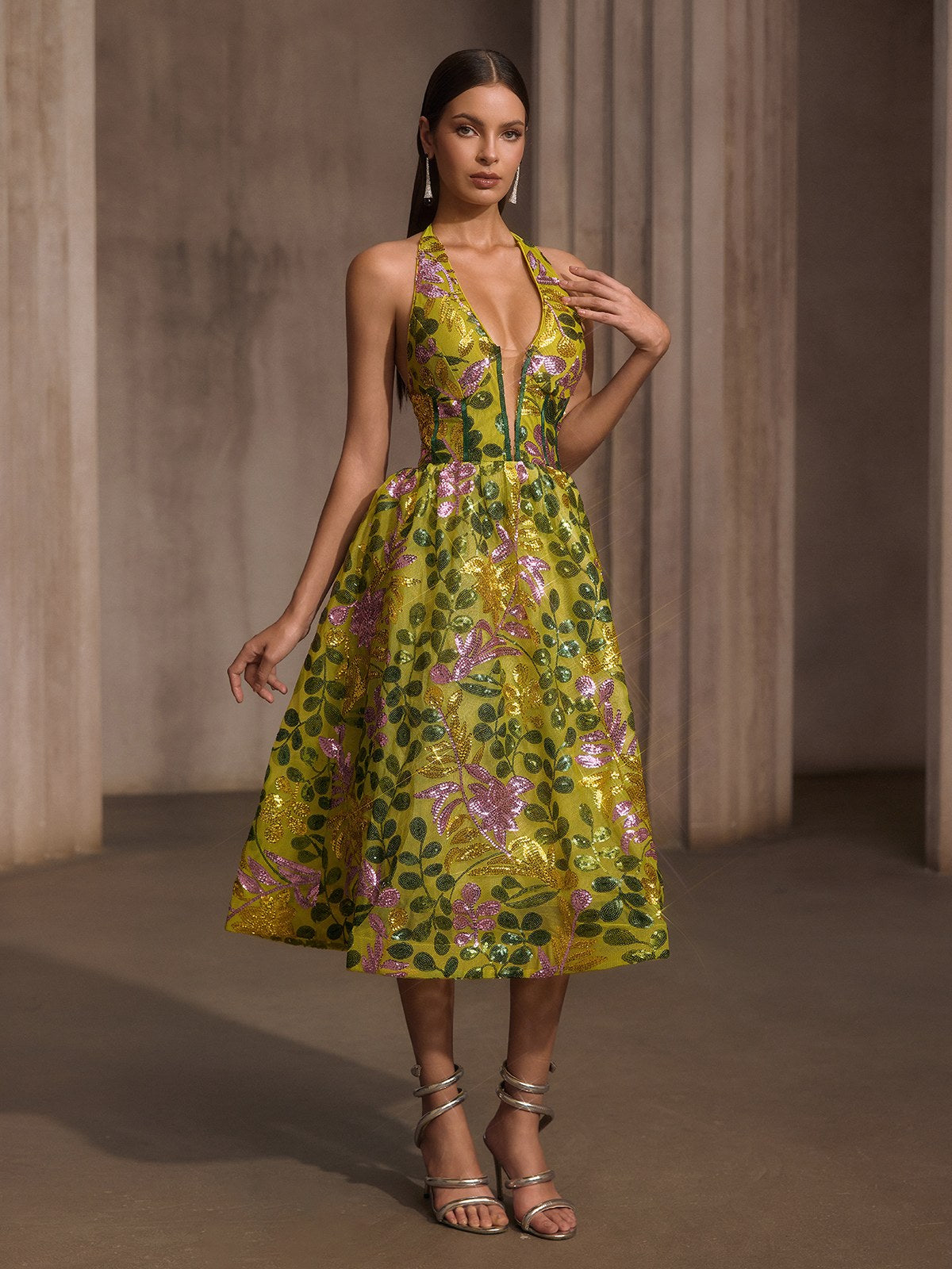 Javixor Plunge Neck Floral Sequin Midi Dress