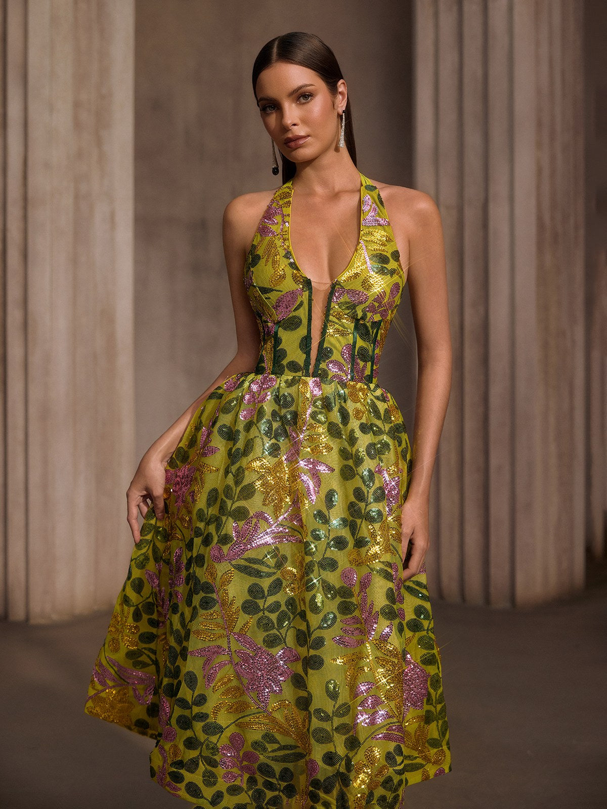 Javixor Plunge Neck Floral Sequin Midi Dress