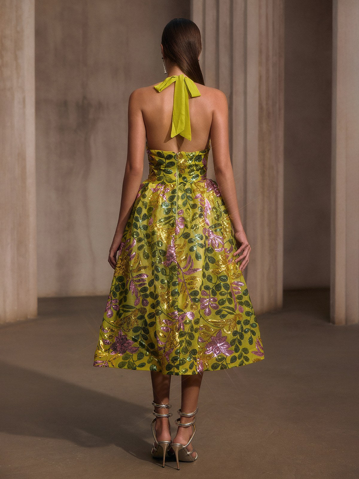 Javixor Plunge Neck Floral Sequin Midi Dress