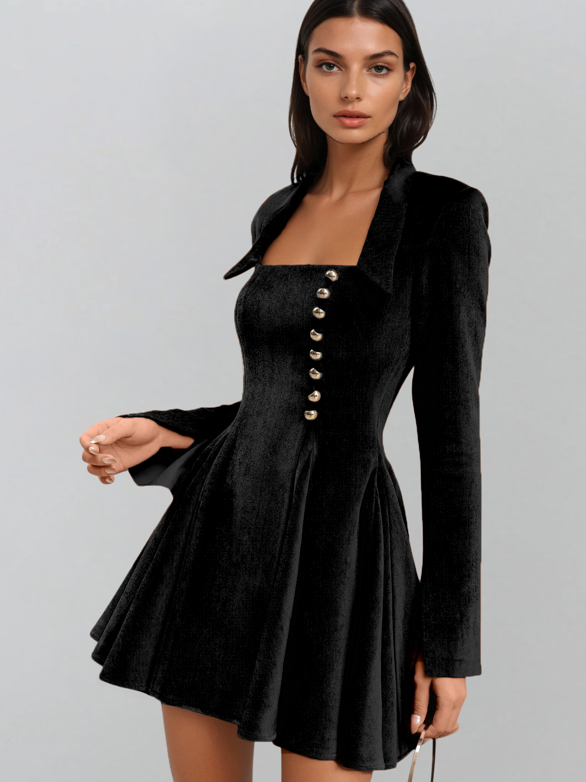 Jazziell Long Sleeve Velvet Mini Dress In Black