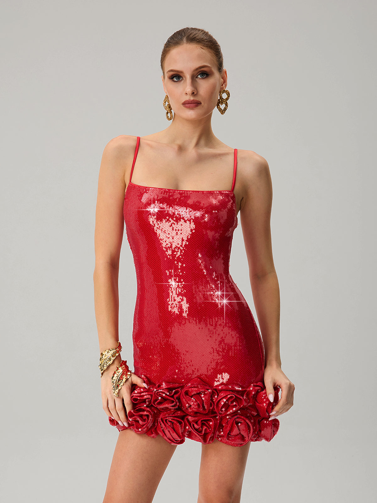 Jellita Spaghetti Sequin Flower Mini Dress