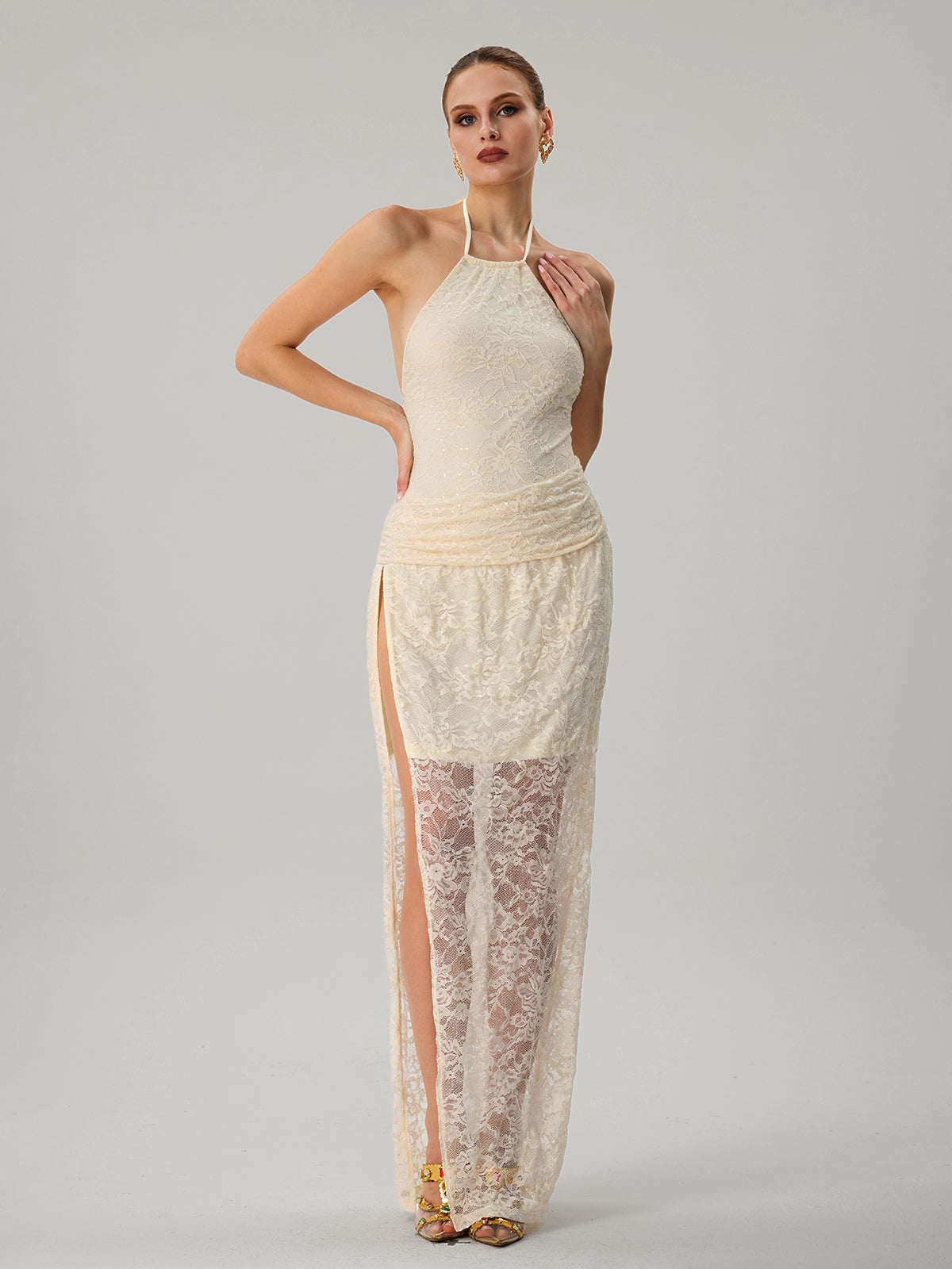 Jetgrapa Halterneck Lace Split Maxi Dress