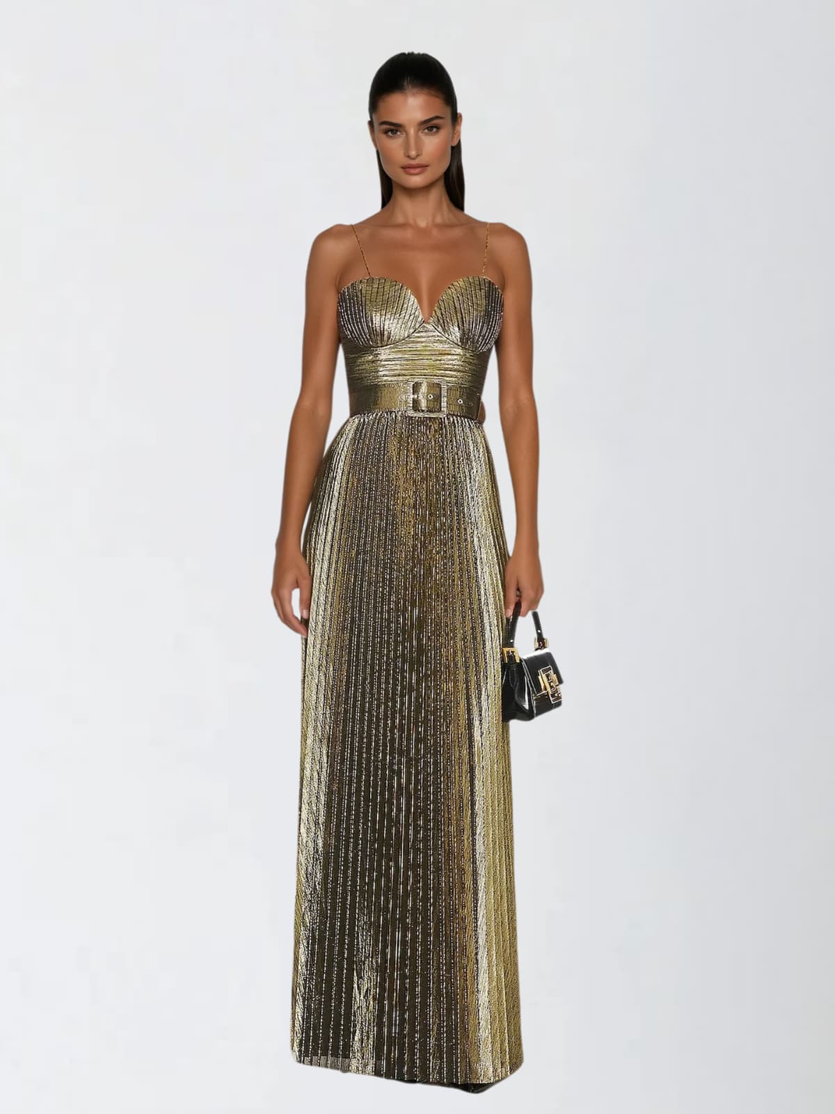 Jetgraph Spaghetti Pleated Metallic Maxi Dress
