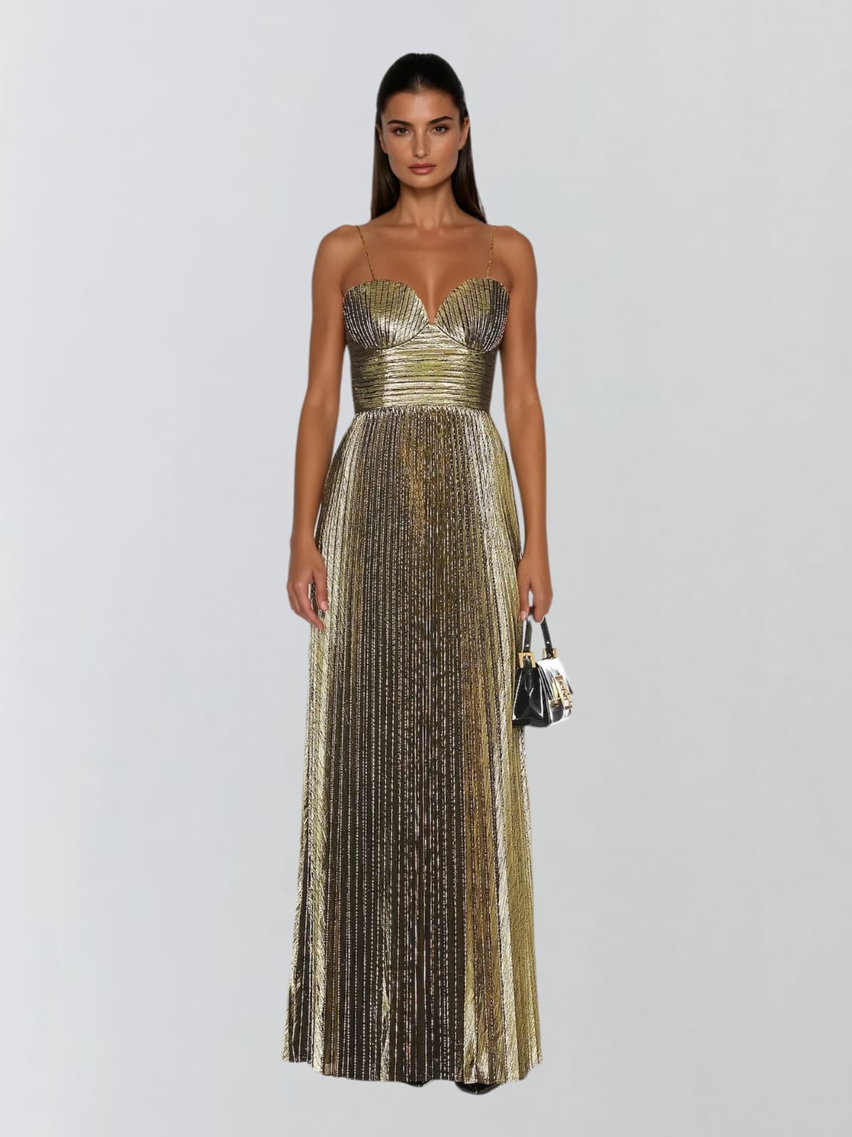 Jetgraph Spaghetti Pleated Metallic Maxi Dress