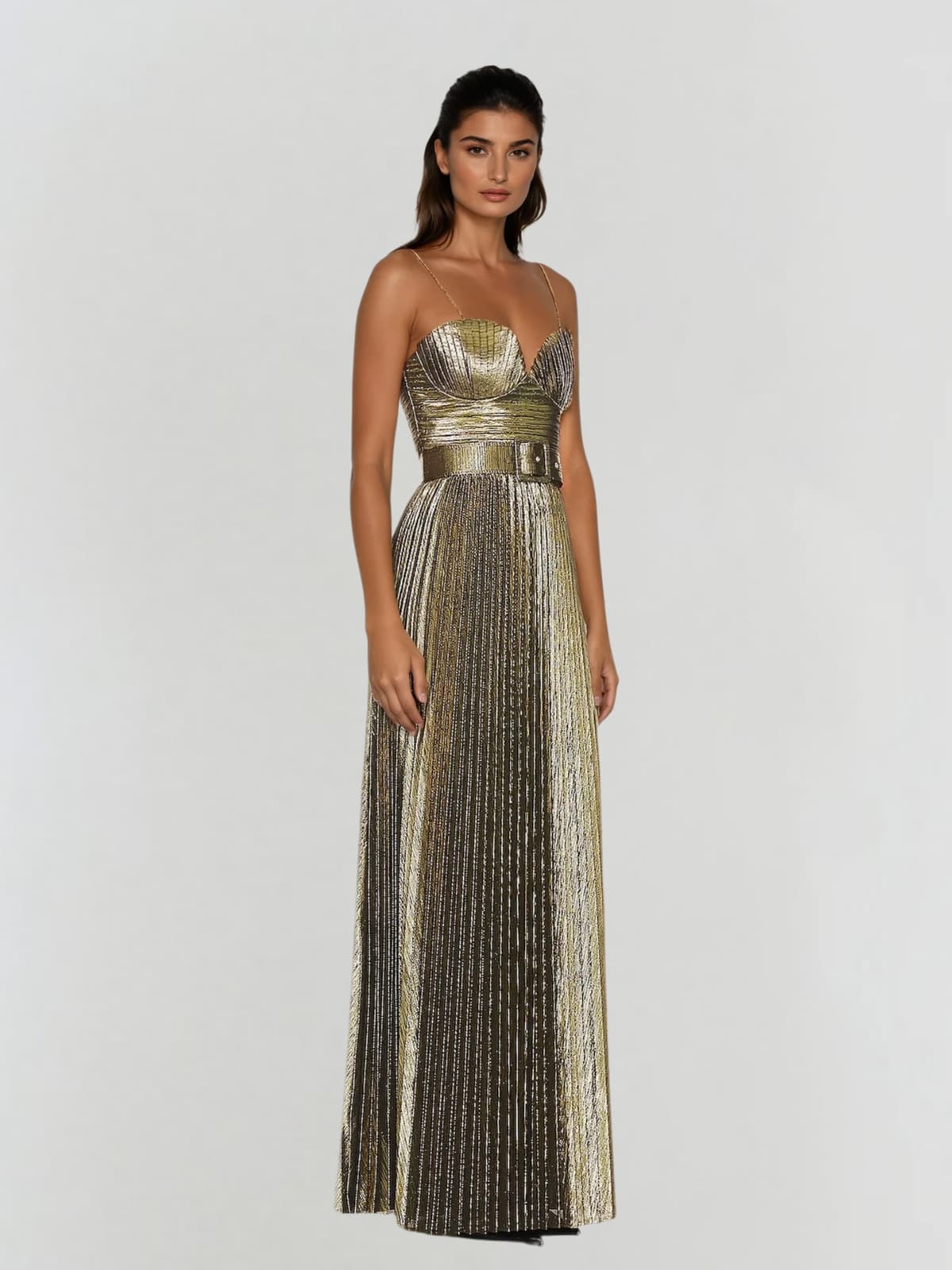 Jetgraph Spaghetti Pleated Metallic Maxi Dress