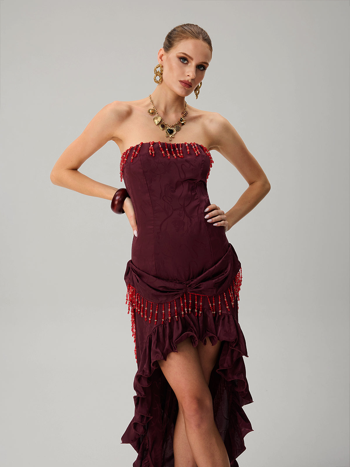 Jetskin Strapless Lace Up Tiered Maxi Dress