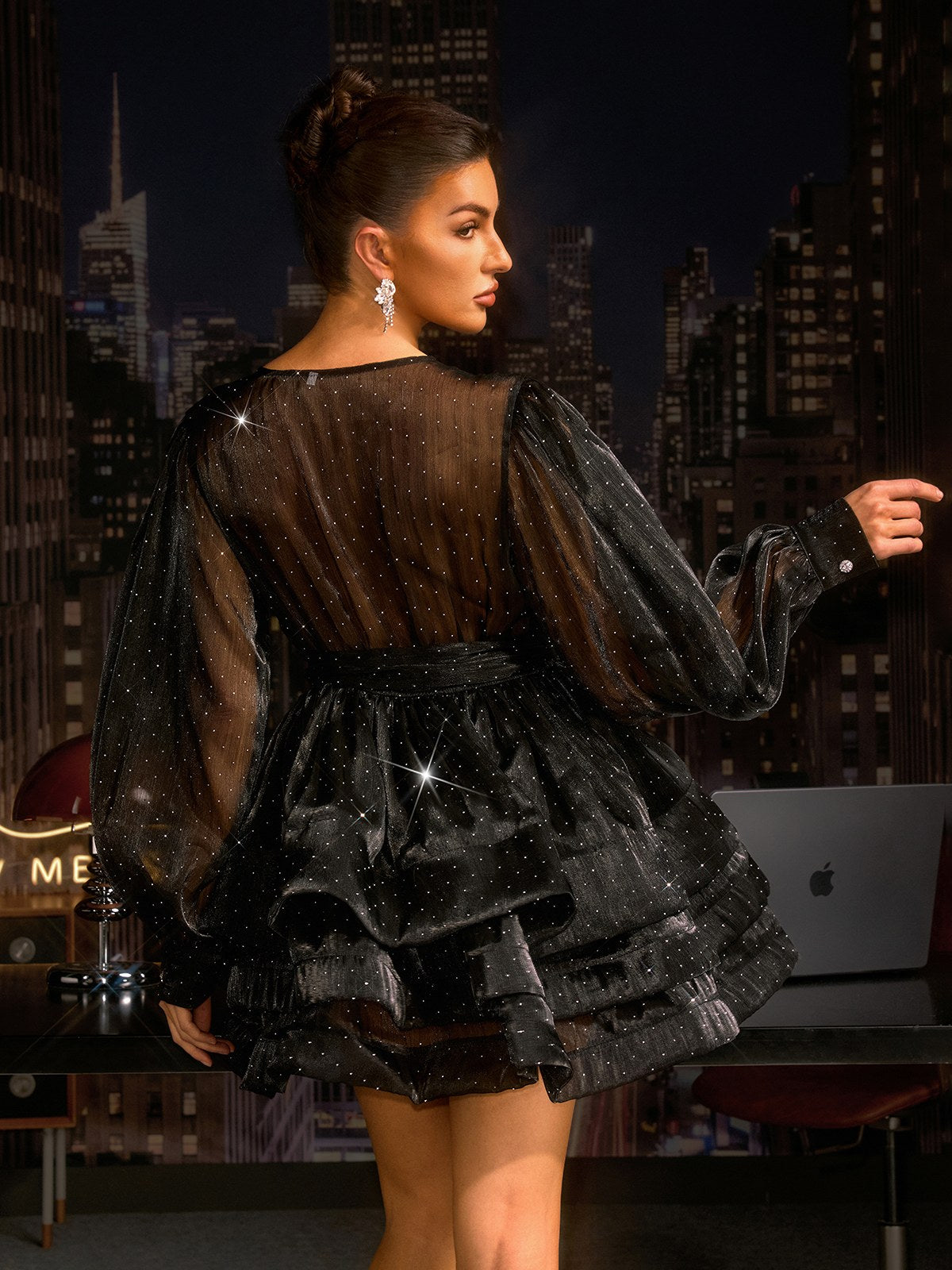 Jexorin Balloon Sleeve Ruffle Rhinestone Mini Dress
