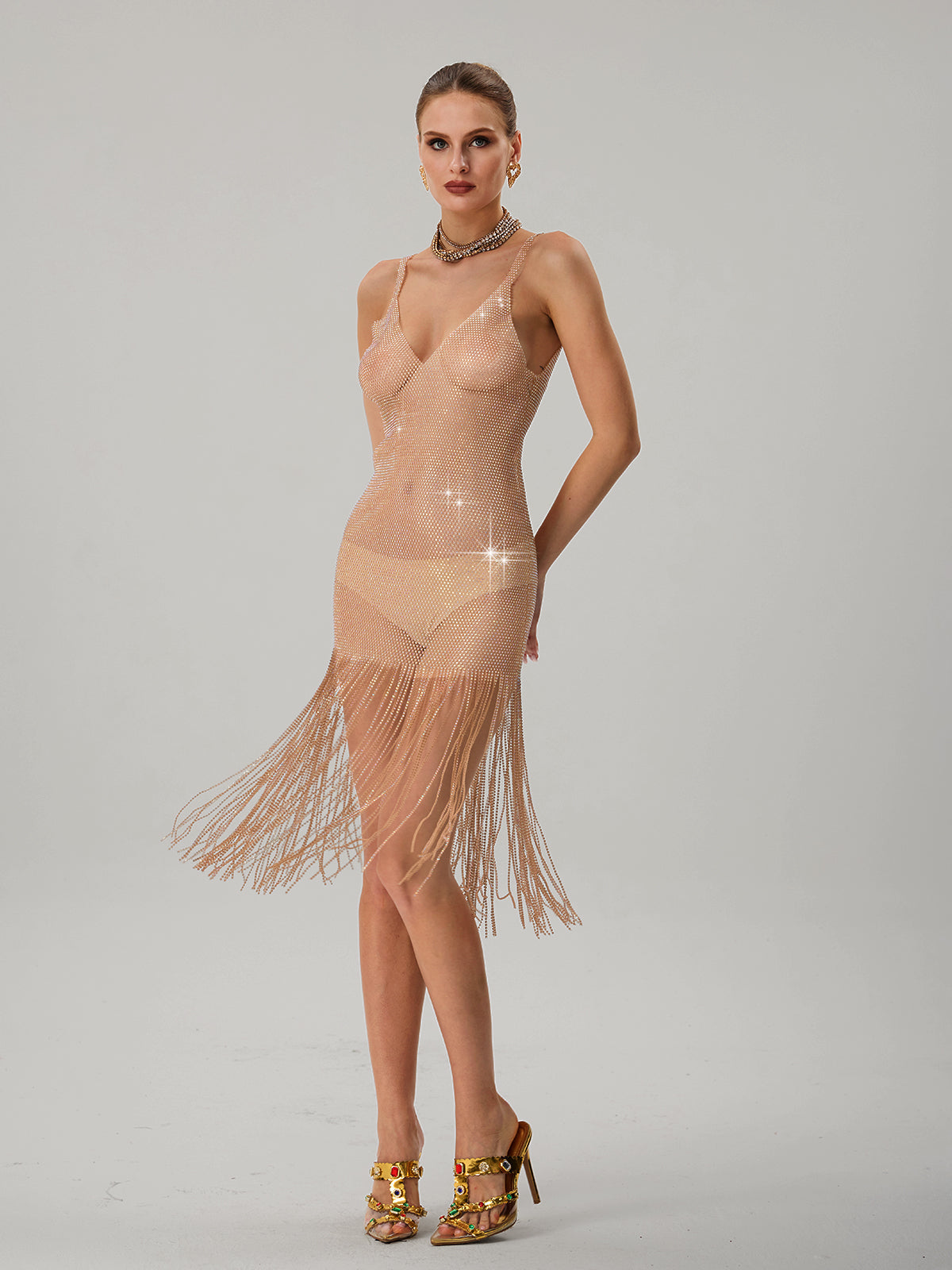 Jitterweb V Neck Rhinestone Mesh Fringe Midi Dress