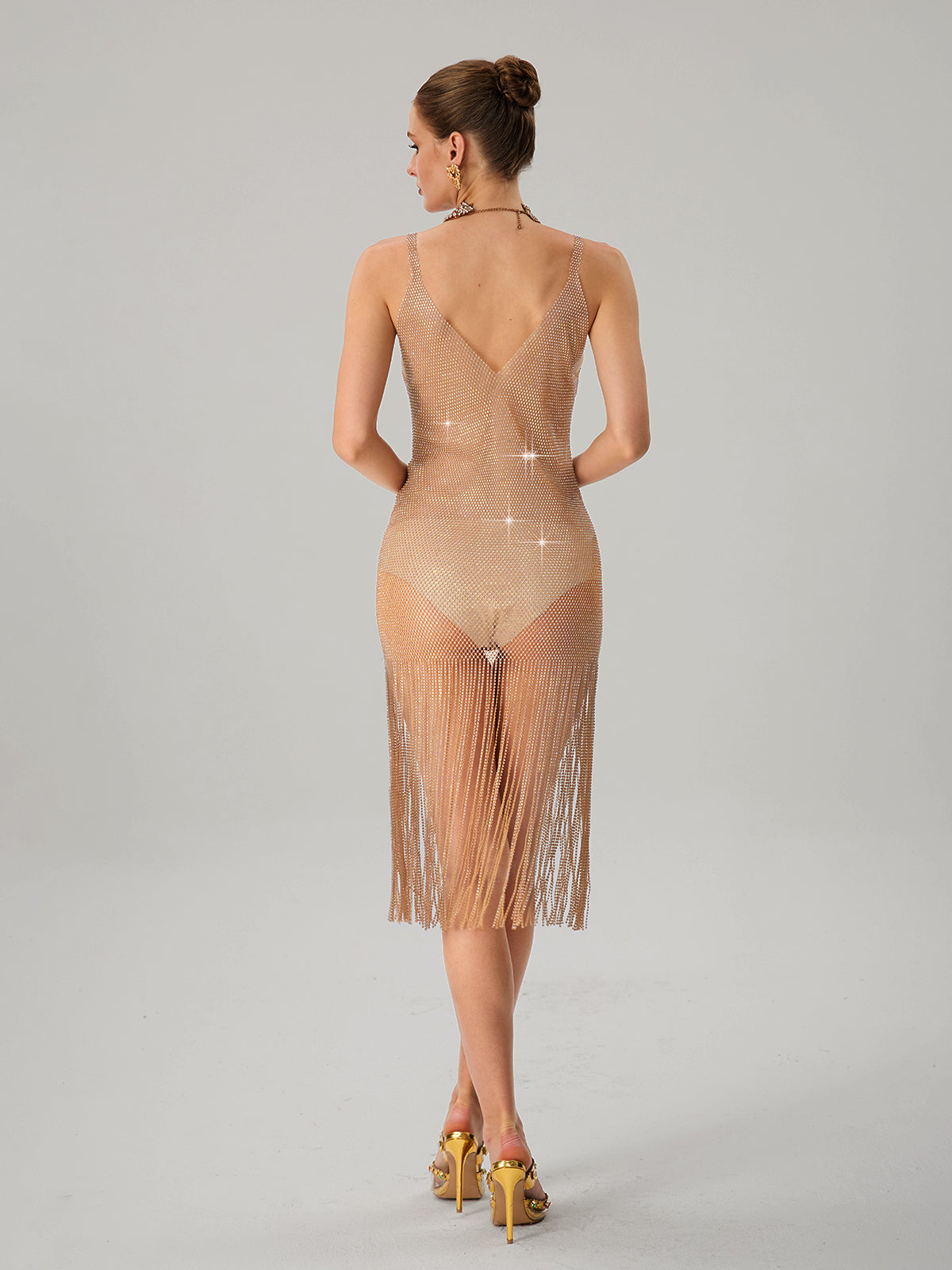 Jitterweb V Neck Rhinestone Mesh Fringe Midi Dress