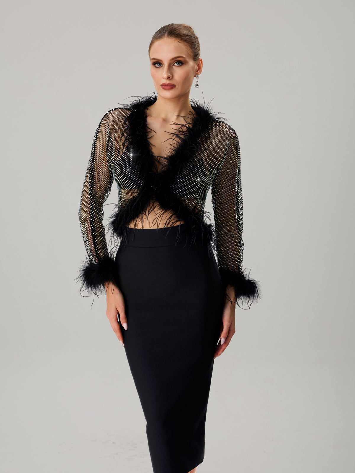Jjetmixa Rhinestone Mesh Faux Fur Top