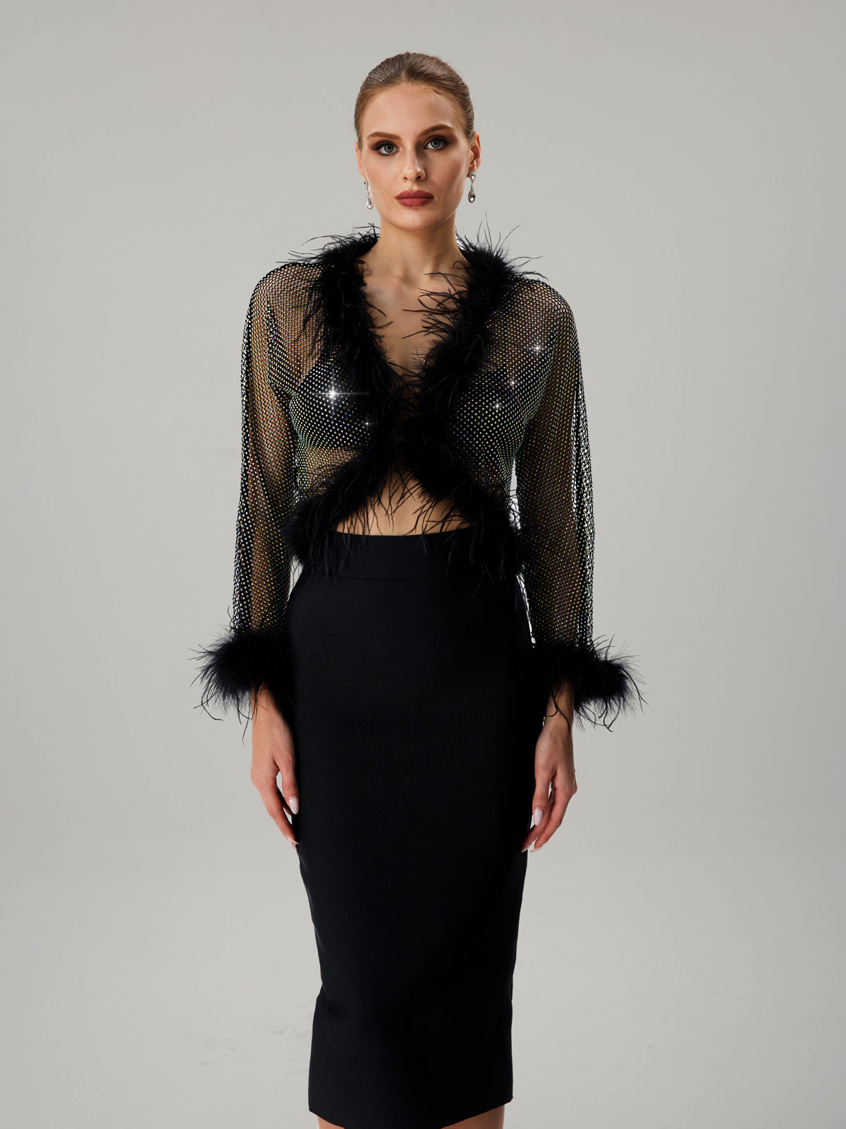 Jjetmixa Rhinestone Mesh Faux Fur Top