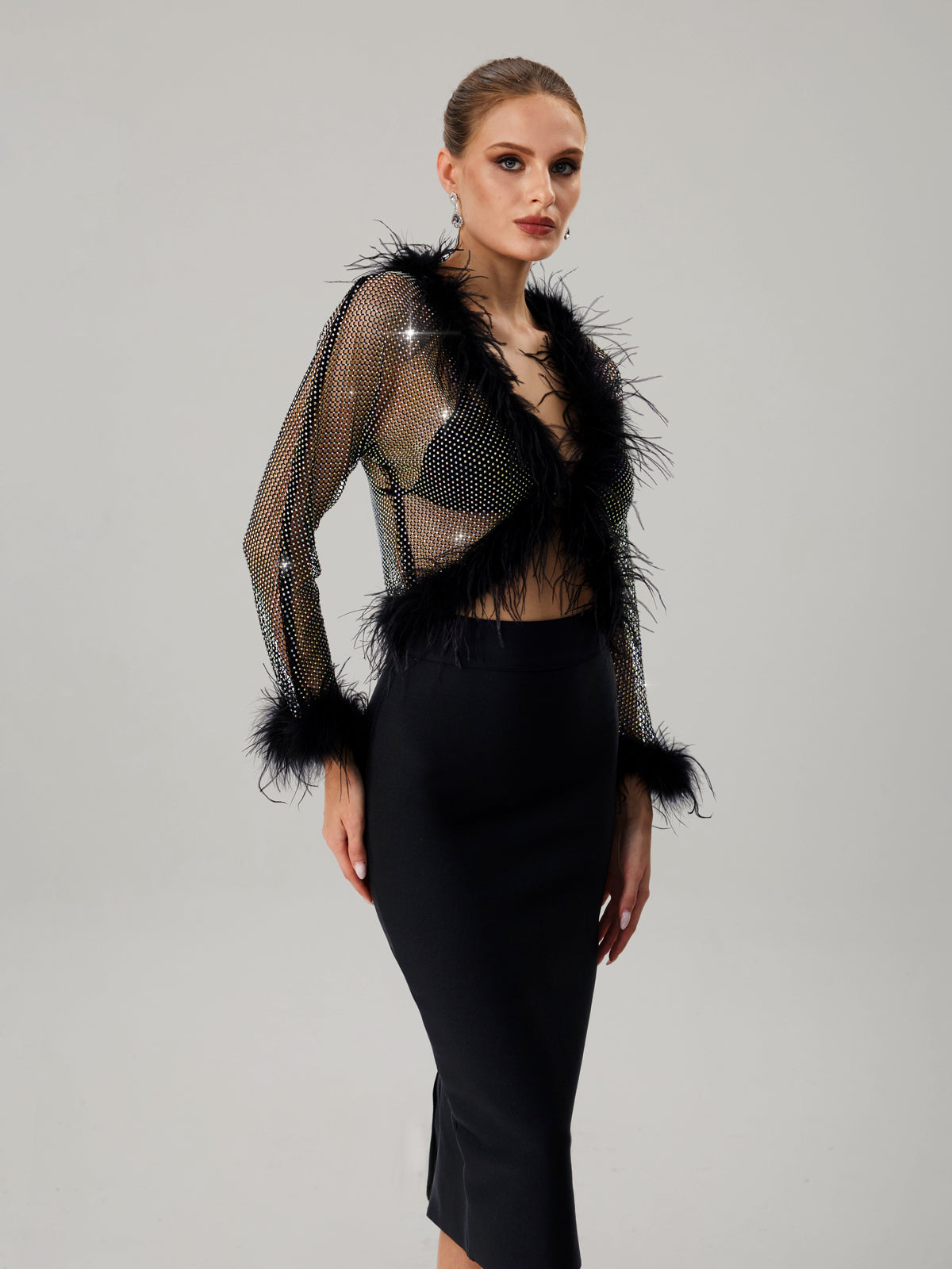 Jjetmixa Rhinestone Mesh Faux Fur Top