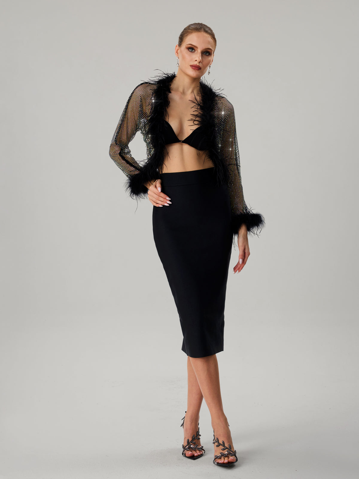 Jjetmixa Rhinestone Mesh Faux Fur Top