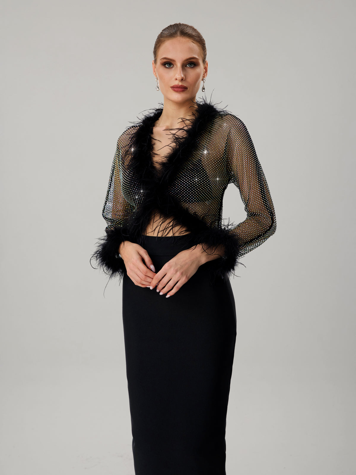 Jjetmixa Rhinestone Mesh Faux Fur Top