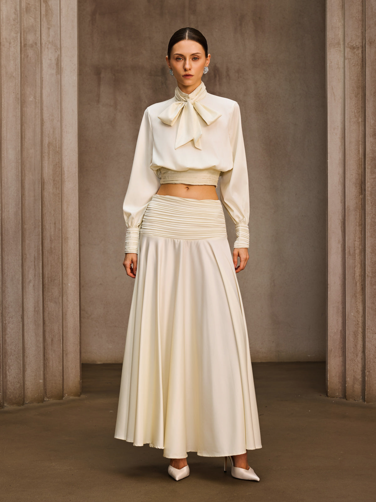 Joriel Long Sleeve Bow Satin Skirt Set
